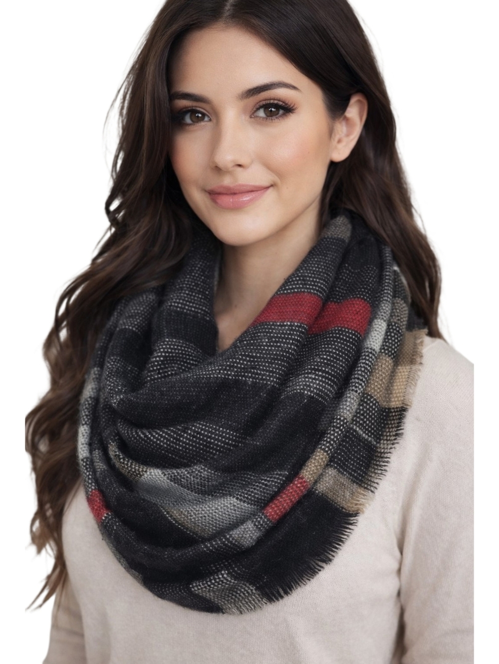 Fraas Plaid Infinity Scarf Gray Black Tan Red Soft Acrylic Cozy Loop Scarf